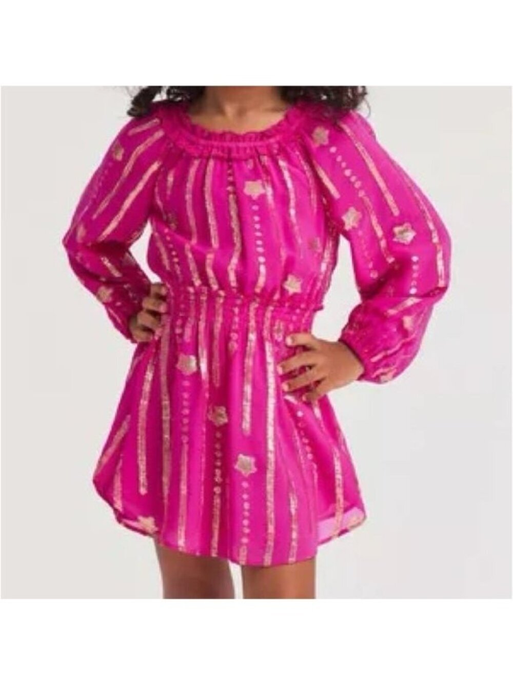 NWT LoveShackFancy Mini Popover Dress in Very Berry 3-4 Hot Pink Gold Metallic